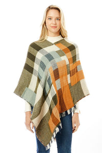 Women's Multi Colored Plaid Poncho with Fringes