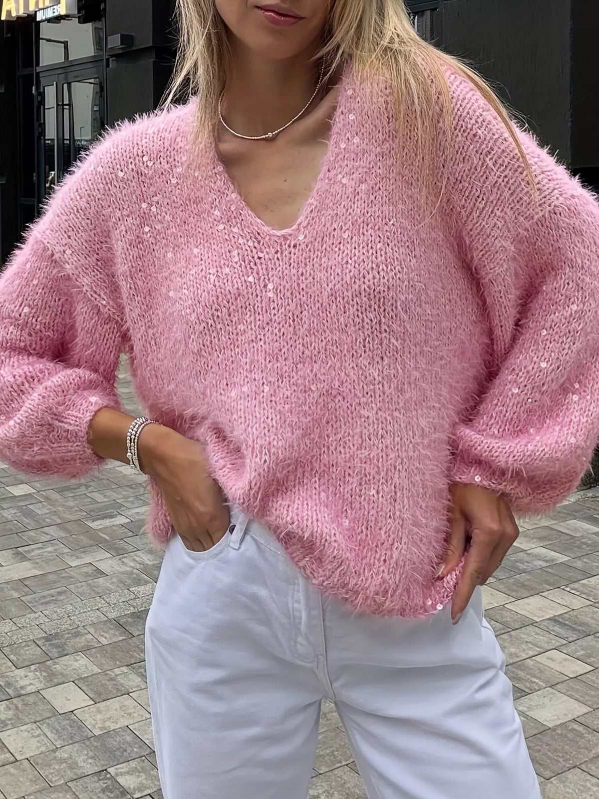 Sequin Fuzzy V-Neck Knit Top