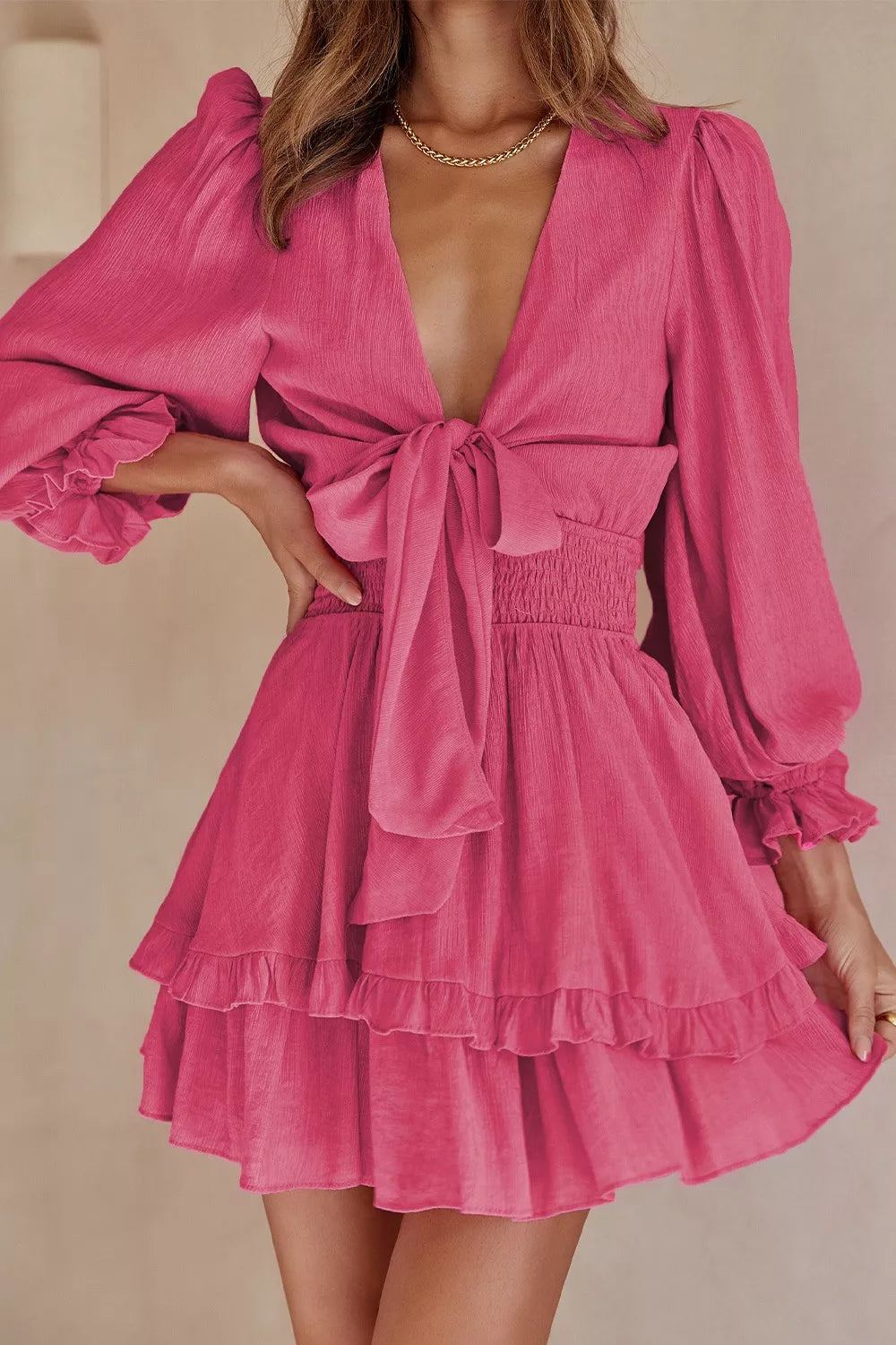 Tie-Front Ruffle Mini Dress with Smocked Waist