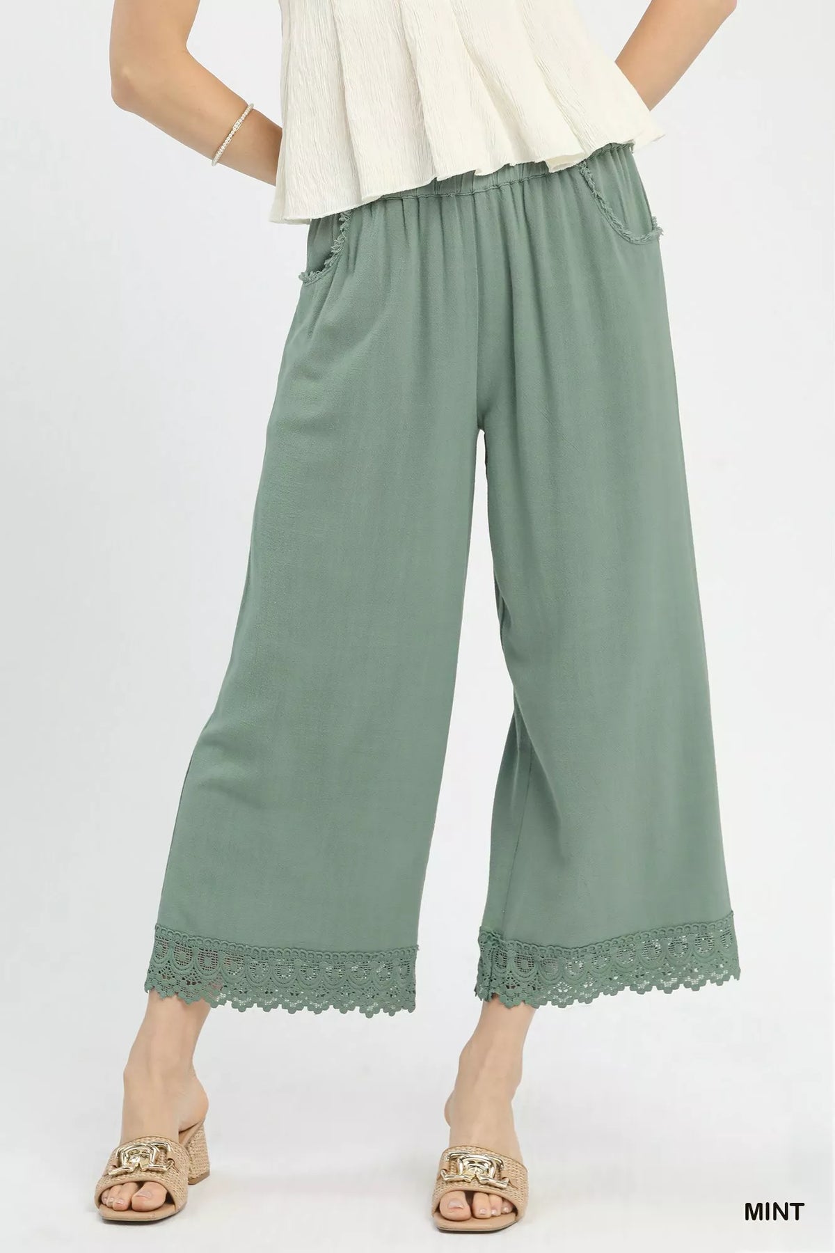 Linen Wide Leg Cropped Pants with Lace Trim
