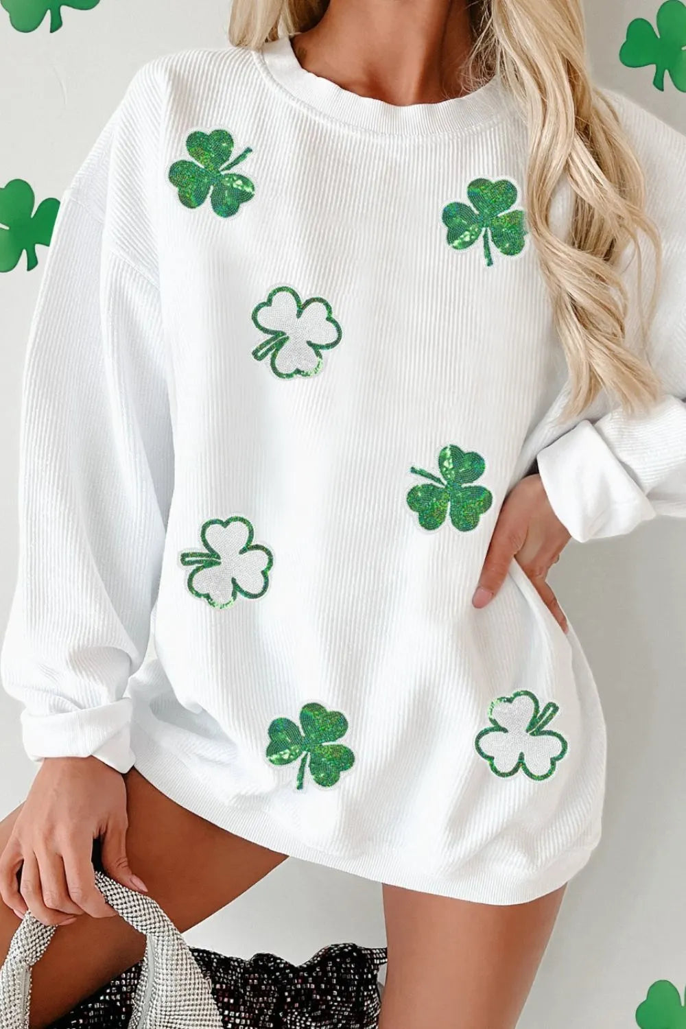Sequin Lucky Clover Long Sleeve Sweatshirt