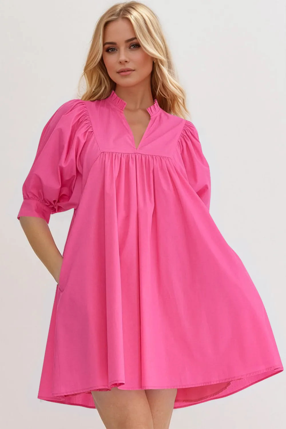 Notched Puff Sleeve Babydoll Mini Dress