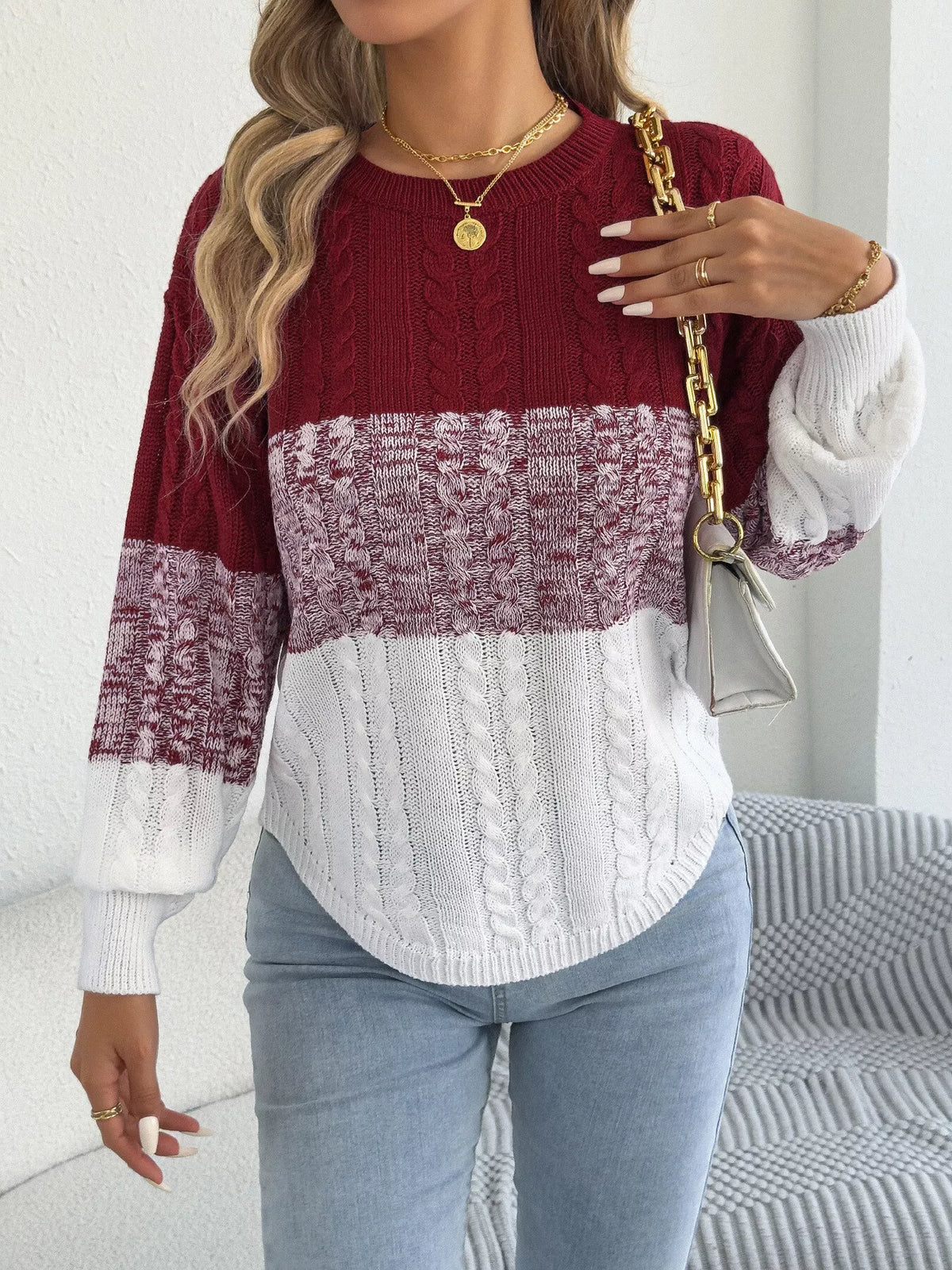 Colorblock Cable Knit Round Neck Sweater