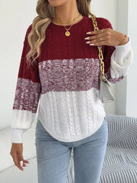 Colorblock Cable Knit Round Neck Sweater