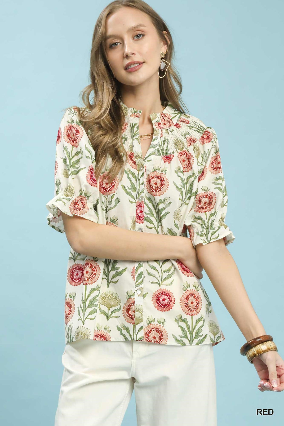 Floral Button-Front Short Sleeve Top