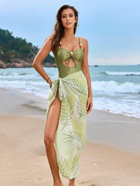 Cutout Sweetheart Neck One-Piece Swimsuit and Cover-Up Set