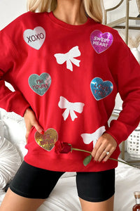 Sequin Bow Heart Round Neck Sweatshirt