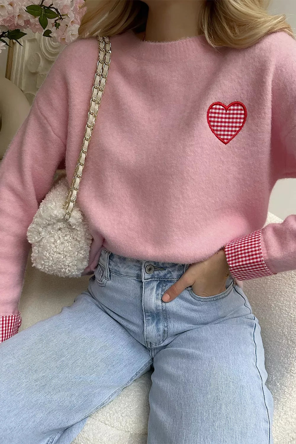 Plaid Heart Embroidered Drop Shoulder Crew Neck Sweater