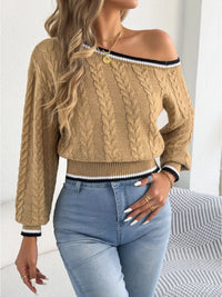 One-Shoulder Cable Knit Sweater with Striped Trim