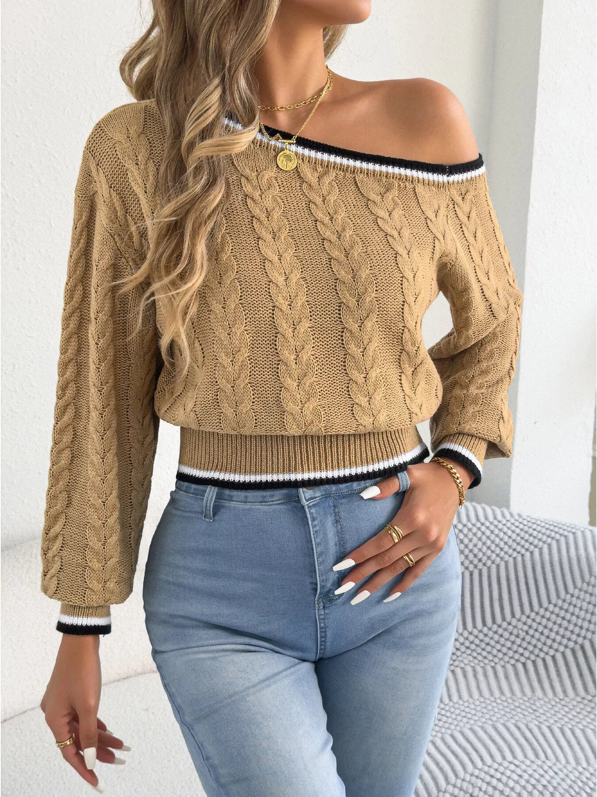 One-Shoulder Cable Knit Sweater with Striped Trim