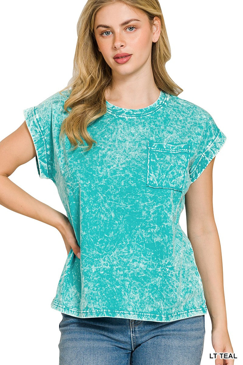 Crinkle Washed Round Neck Folded Short Sleeve Tee