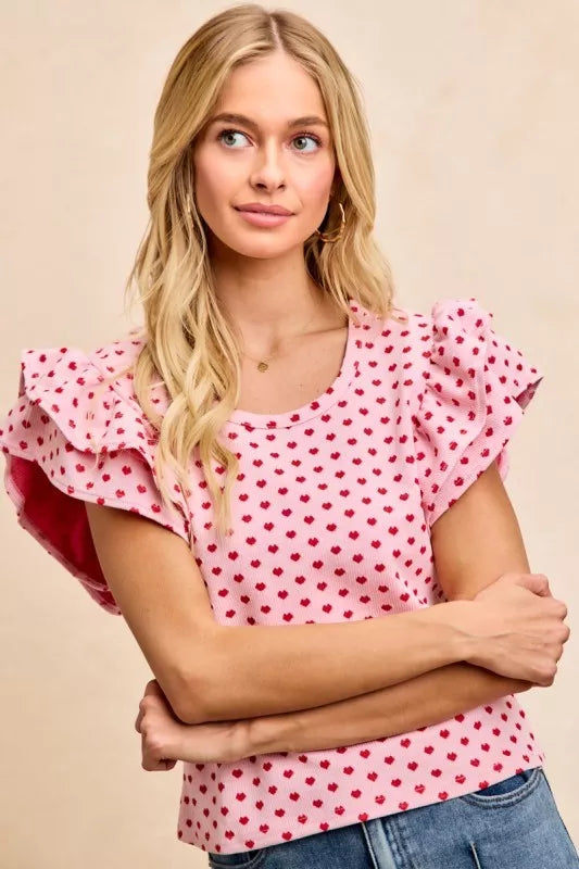 Heart Patterned Knit Ruffled Sleeve Top