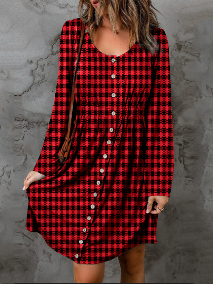 Plaid Round Neck Long Sleeve Dress