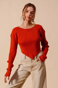 Rib Knit Crop Sweater Top with Shaped Hem