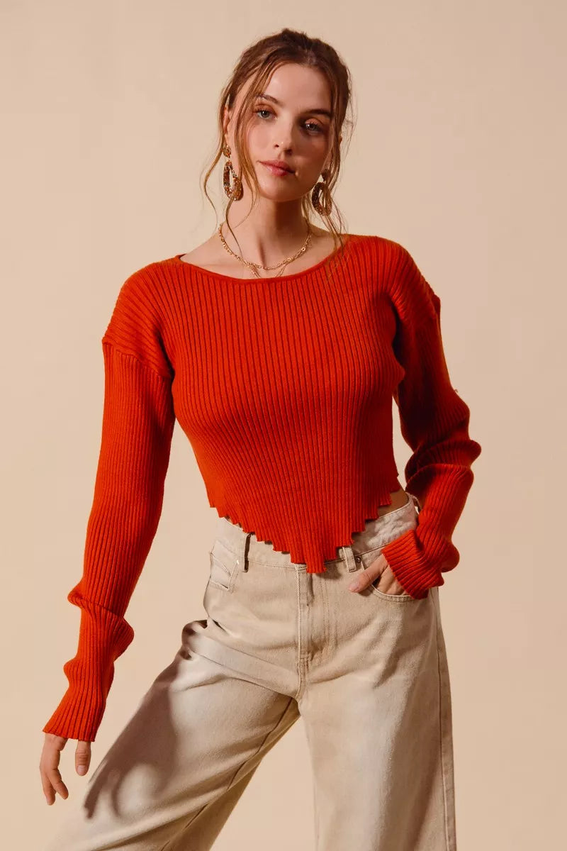 Rib Knit Crop Sweater Top with Shaped Hem