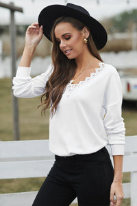 V-Neck Eyelash Lace Trim Top