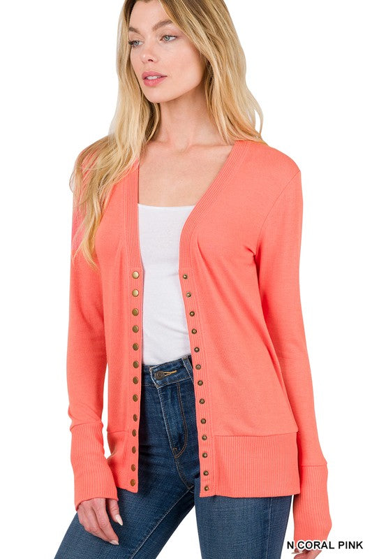 Snap Button Sweater Cardigan with Ribbed Detail