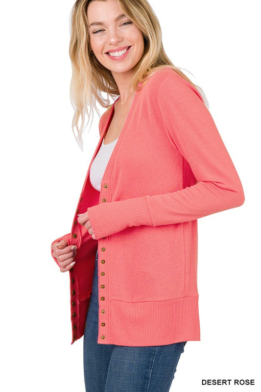 Snap Button Sweater Cardigan with Ribbed Detail