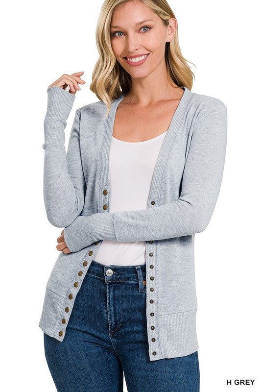 Snap Button Sweater Cardigan with Ribbed Detail