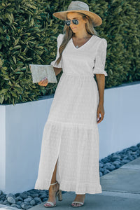 Eyelet Front Slit Puff Sleeve Maxi Dress