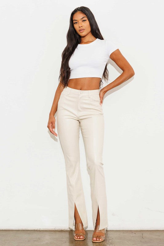 Vegan Leather High Waist Front Slit  Pants