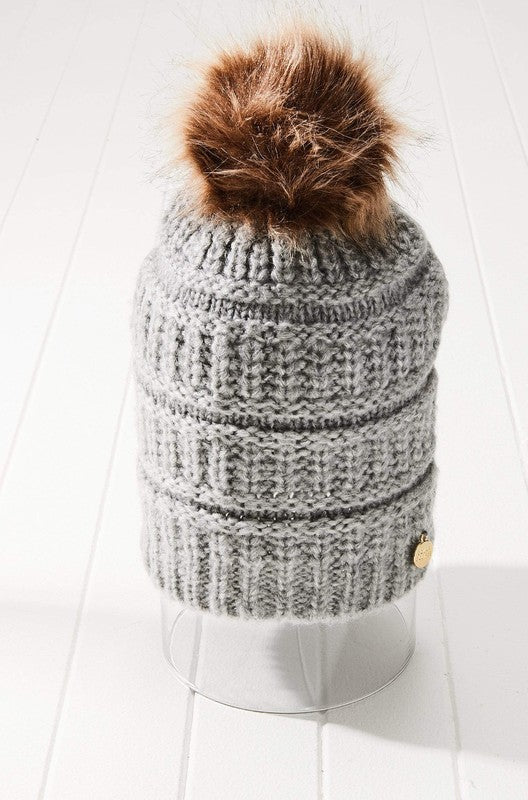 Cable Knit Pom Beanie Hat Vegan Faux Fur