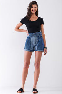 Two Tone Wash High Waisted Cuffed Denim Mom Shorts