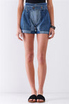 Two Tone Wash High Waisted Cuffed Denim Mom Shorts