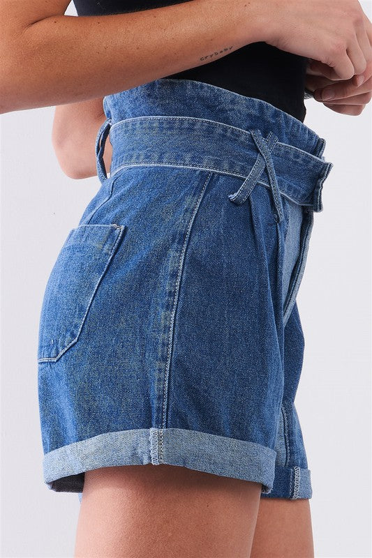 Two Tone Wash High Waisted Cuffed Denim Mom Shorts