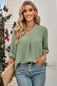 Swiss Dot Roll-Tab Sleeve V-Neck Blouse