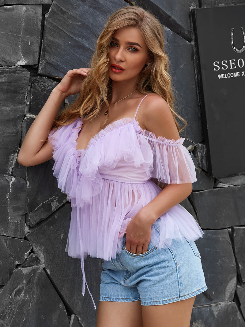 Plunge Frill Trim Ruffled Peplum Top