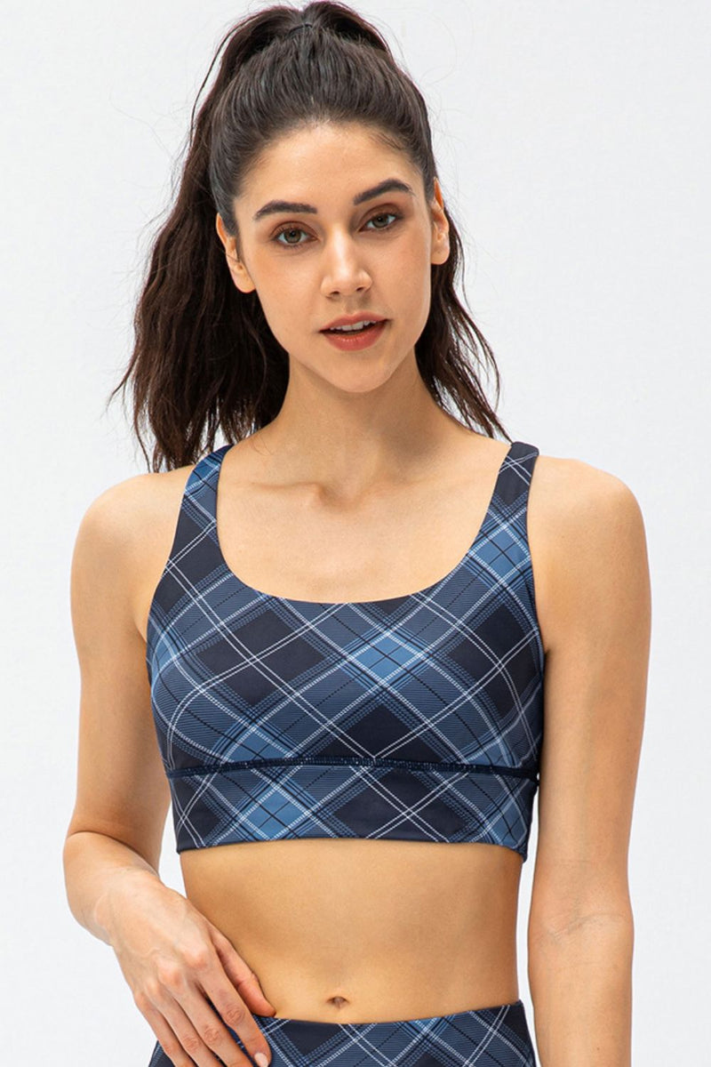 Plaid Double Crisscross Strap Sports Bra