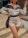 Color Block Zip Up Hooded Romper