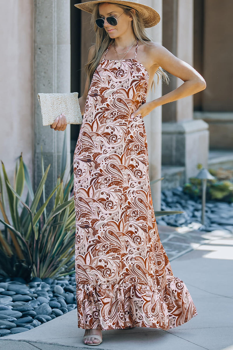 Printed Halter Neck Backless Maxi Dress