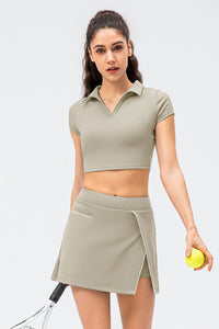 Cropped Short Sleeve Collared Yoga Top