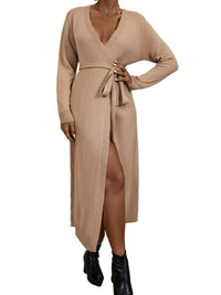 Belted Ribbed Trim Surplice Sweater Dress