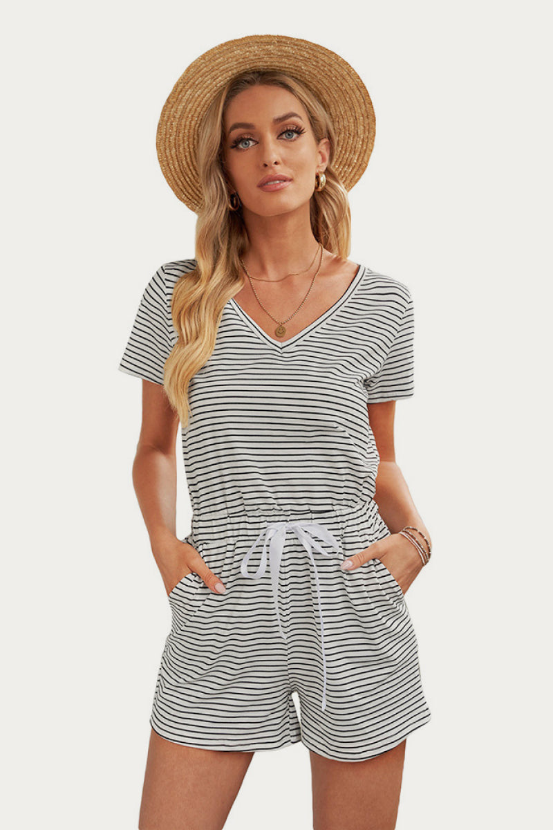 V Neck Striped Romper