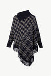 Houndstooth Turtleneck Fringe Hem Poncho