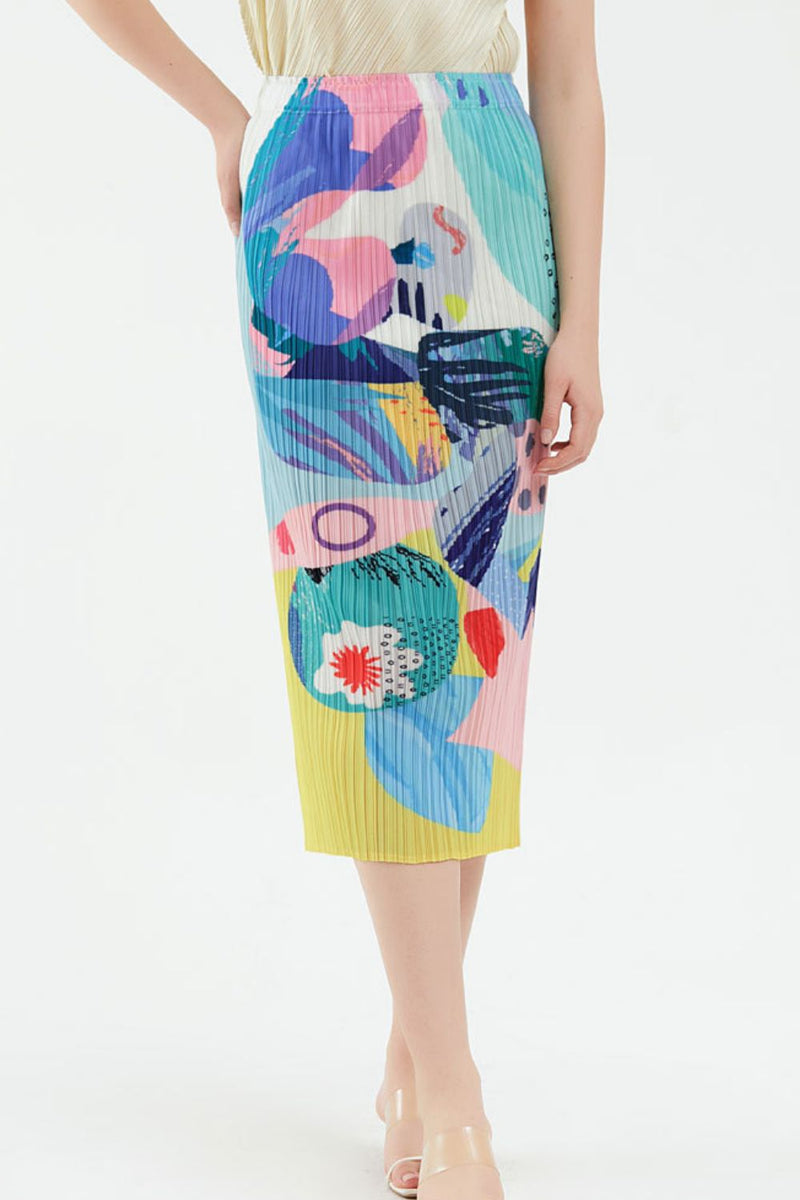 Mixed Print Accordion Pleated Midi Skirt