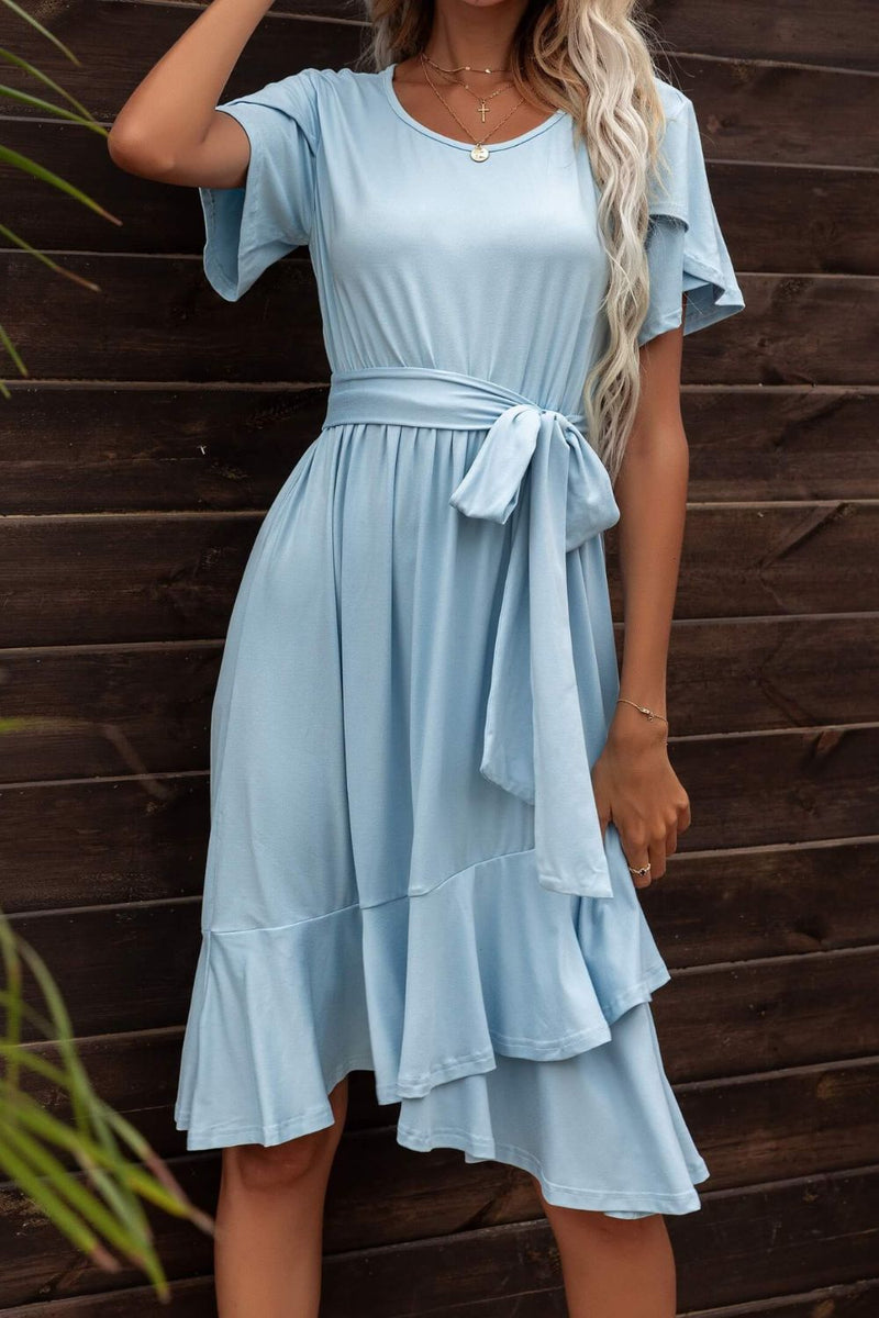 Tie Waist Petal Sleeve Ruffle Hem Dress