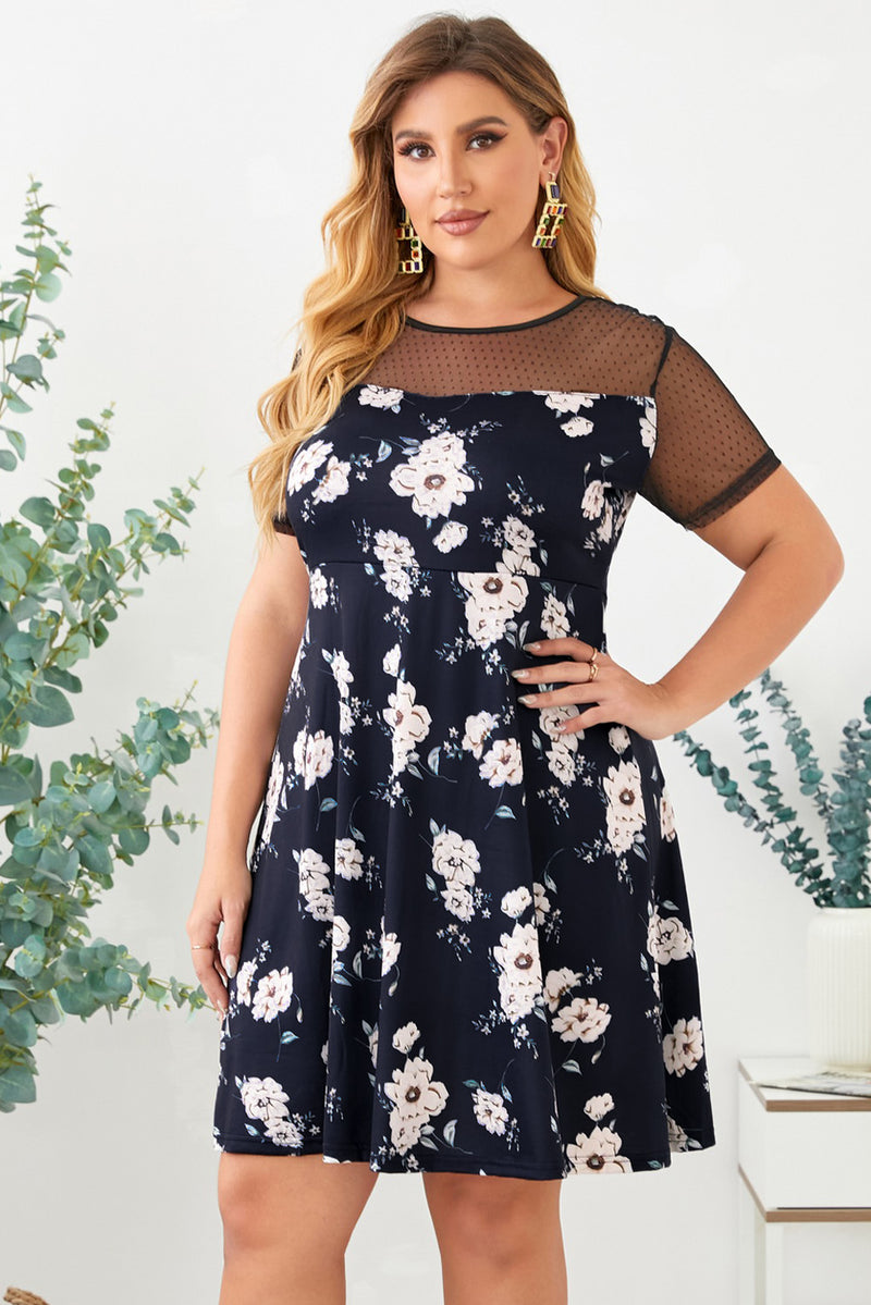 Plus Size Floral Polka Dot Mesh Yoke Dress