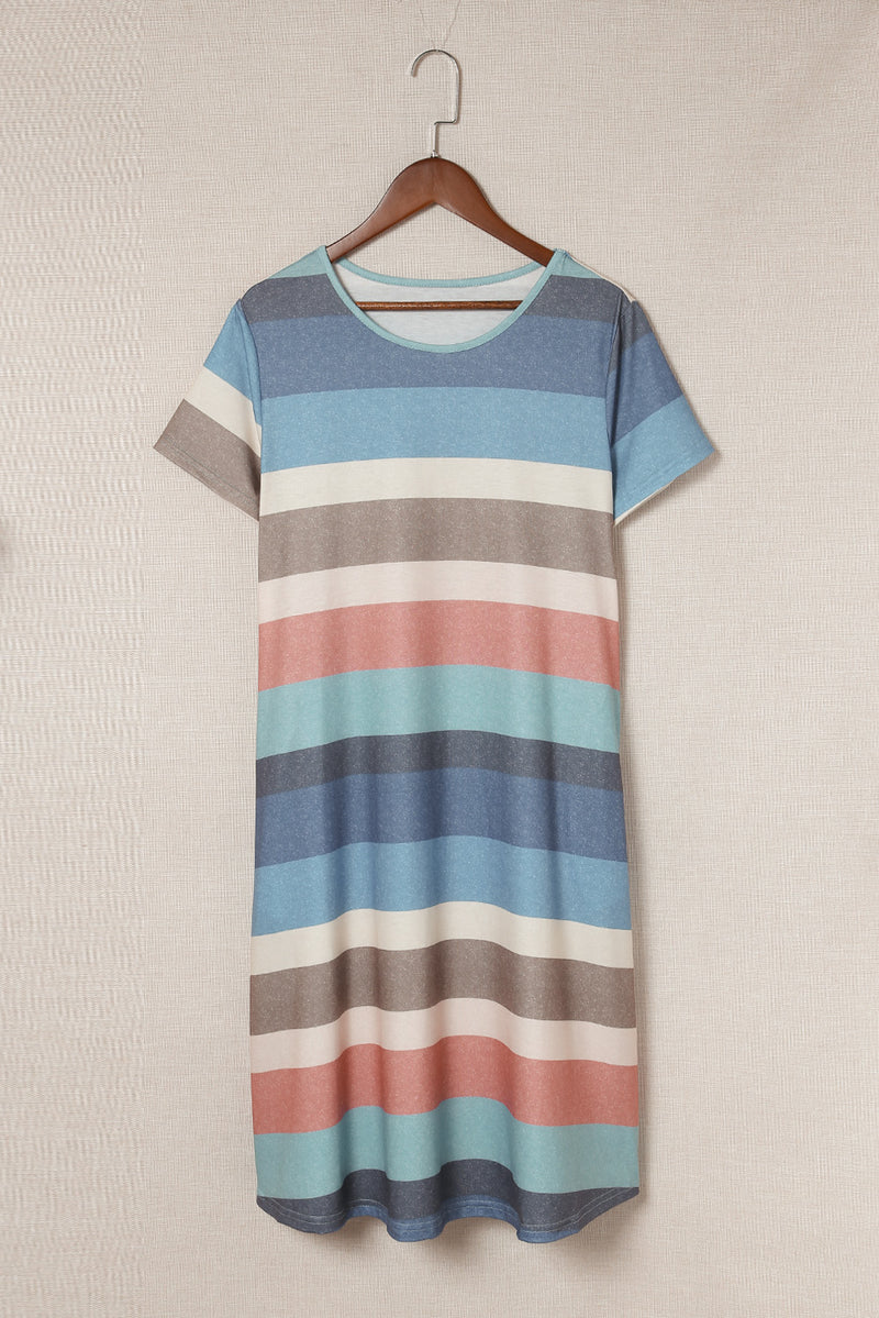 Striped Round Neck Tee Dress with Pockets