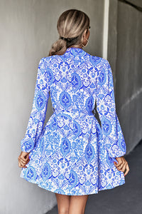 Printed Long Sleeve Belted Shirt Dress