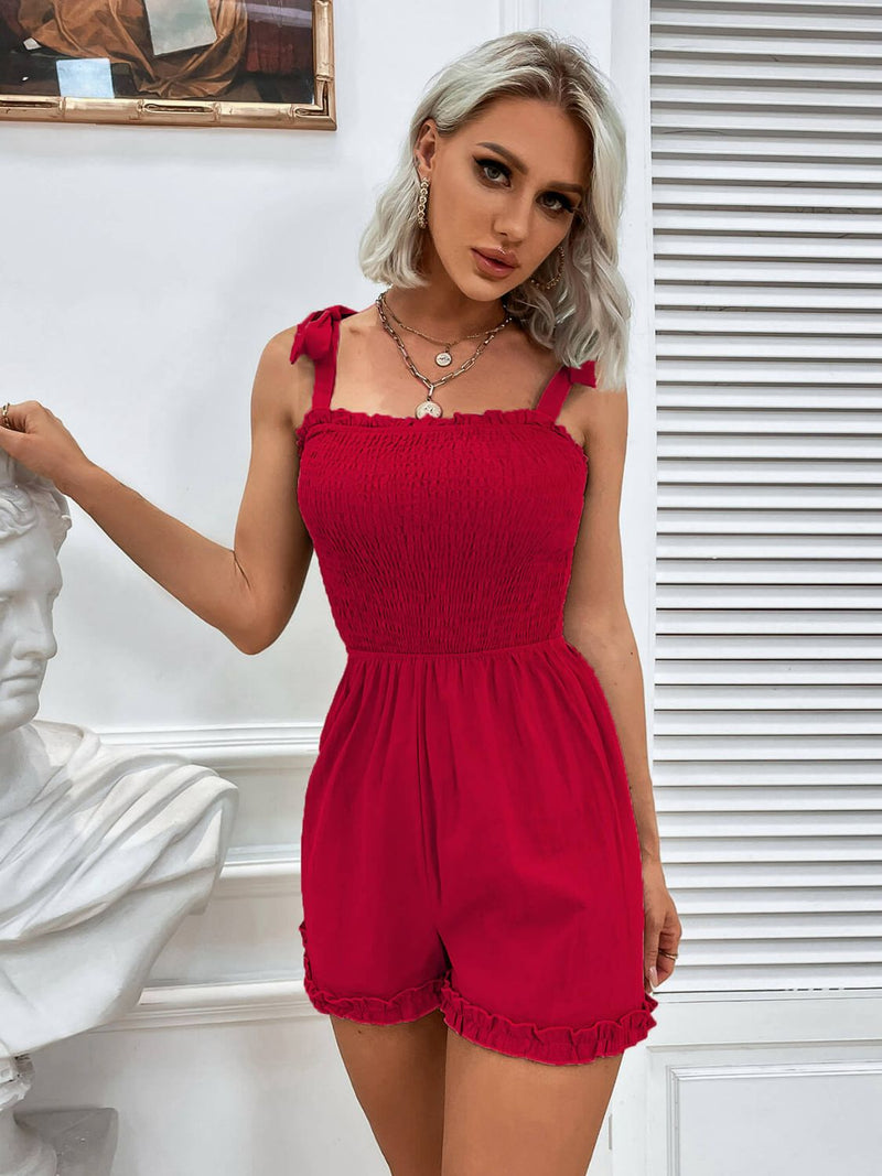 Smocked Frill Trim Tie-Shoulder Romper