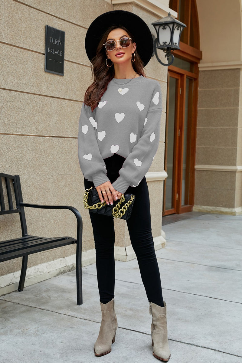 Heart Pattern Lantern Sleeve Round Neck Tunic Sweater