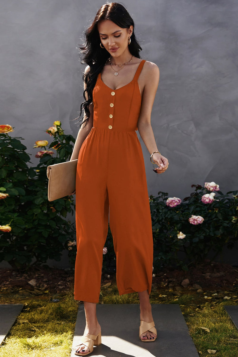 Decorative Button Wide Leg Cropped Jumpsuit