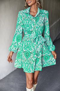 Printed Long Sleeve Belted Shirt Dress