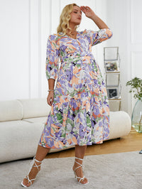 Plus Size Floral Three-Quarter Sleeve Tiered Dress