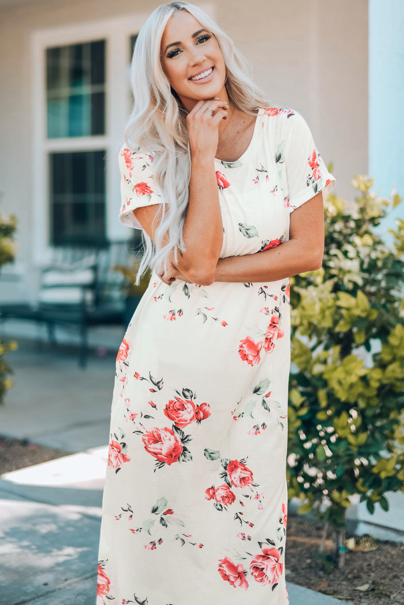 Floral Side Slit Cuffed Sleeve Midi Dress