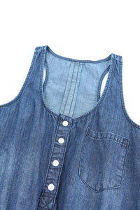 Buttoned Sleeveless Drawstring Waist Denim Jumpsuit